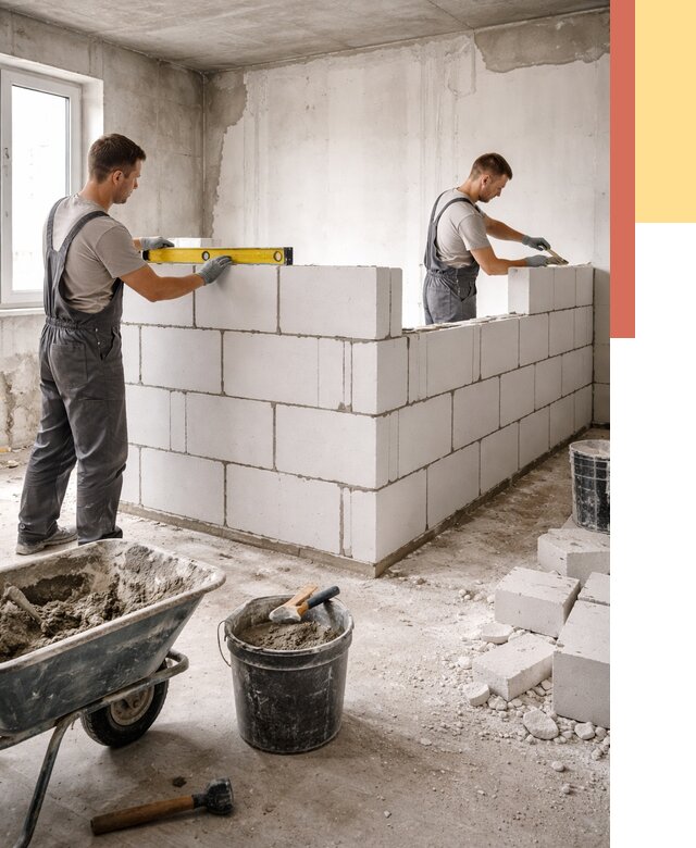 Кладка перегородок из ПГП в Соль-илецке от 2605 руб./м2 — монтаж и возведение под ключ | ОТДЕЛОЧНИК-Сои