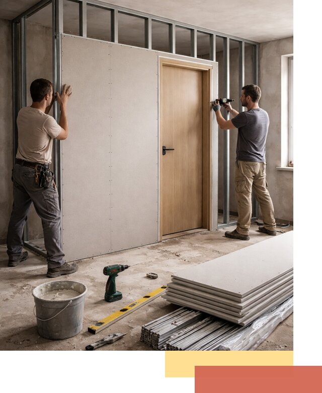 Перегородка из гипсокартона с дверью под ключ в Соль-илецке