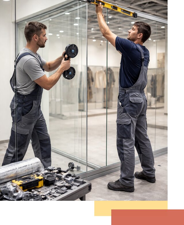 Стеклянные перегородки для магазинов в Соль-илецке — монтаж и установка