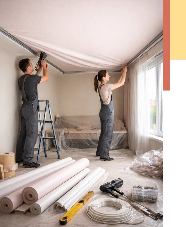 Монтаж цветного натяжного потолка в Соль-илецке от 4376 руб/м² — быстро и недорого | ОТДЕЛОЧНИК-Сои