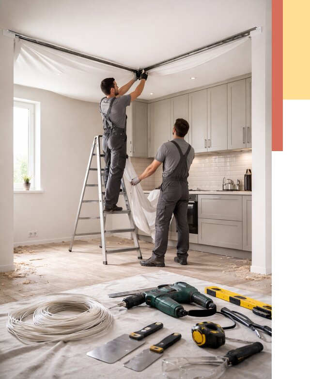 Установка натяжного потолка на кухне в Соль-илецке от 2500 руб. | ОТДЕЛОЧНИК-Сои