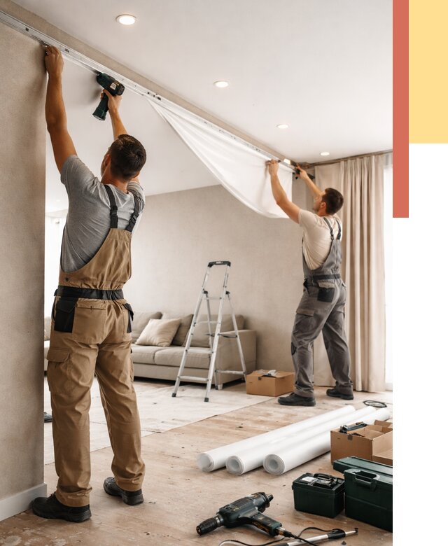 Монтаж натяжного потолка в гостиной в Соль-илецке от 573 руб. | ОТДЕЛОЧНИК-Сои