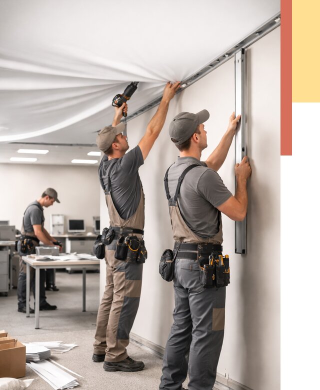 Монтаж натяжного потолка в офисе в Соль-илецке от 469 руб/м² — быстро и недорого | ОТДЕЛОЧНИК-Сои